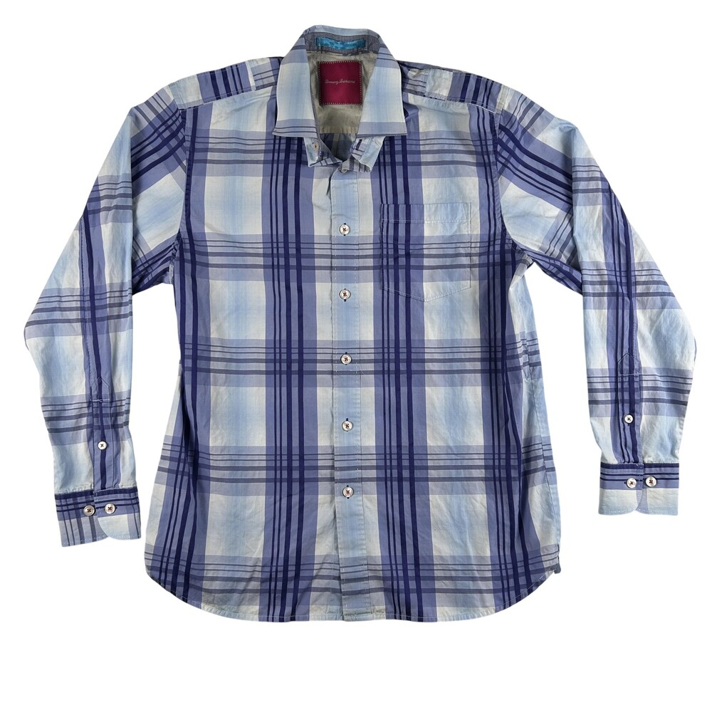 Tommy Bahama Shirt Mens Medium Blue Plaid Long Sleeve Button Front Cotton Casual